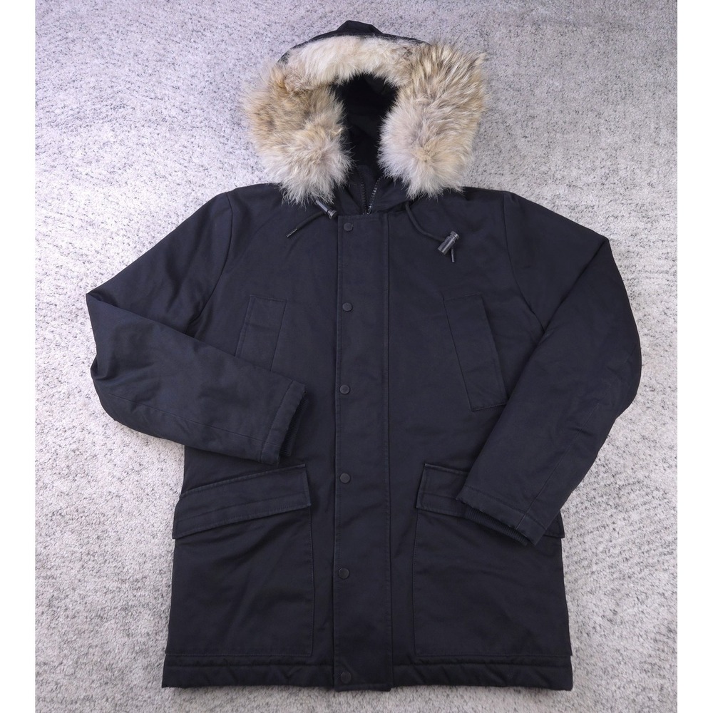 Sandro Paris Parka Mens XS Coat Jacket Insulated Hooded‎ Coyote Fur Trim Black